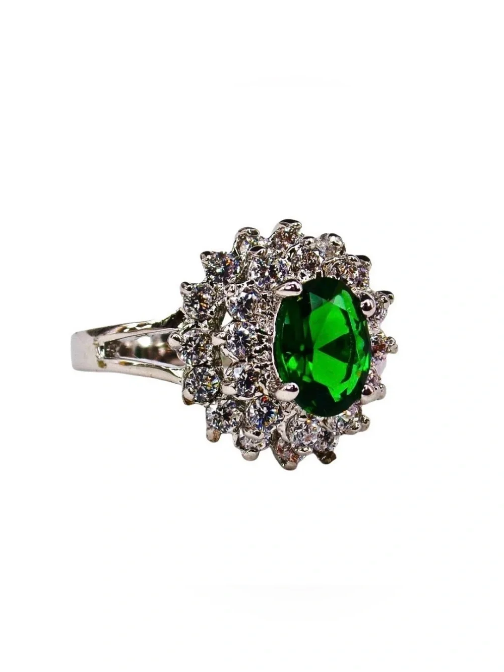 Green oval cubic zirconia stone ring w/ clear stones in a raised setting SZ 6.5